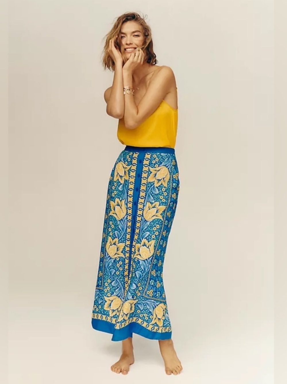 Anthropologie Maeve Blue Buttoned CORNELIA Floral Print Maxi Skirt 🌼